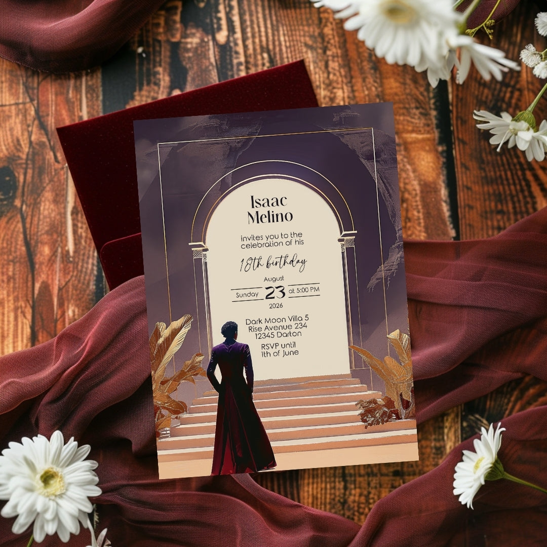 Dark Bohemian Desert Emperor Birthday Invitation - Purple and Red Design with Classical Desert Motifs