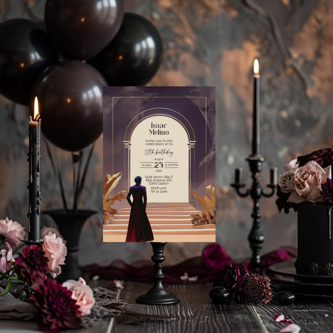 Dark Bohemian Desert Emperor Birthday Invitation - Purple and Red Design with Classical Desert Motifs