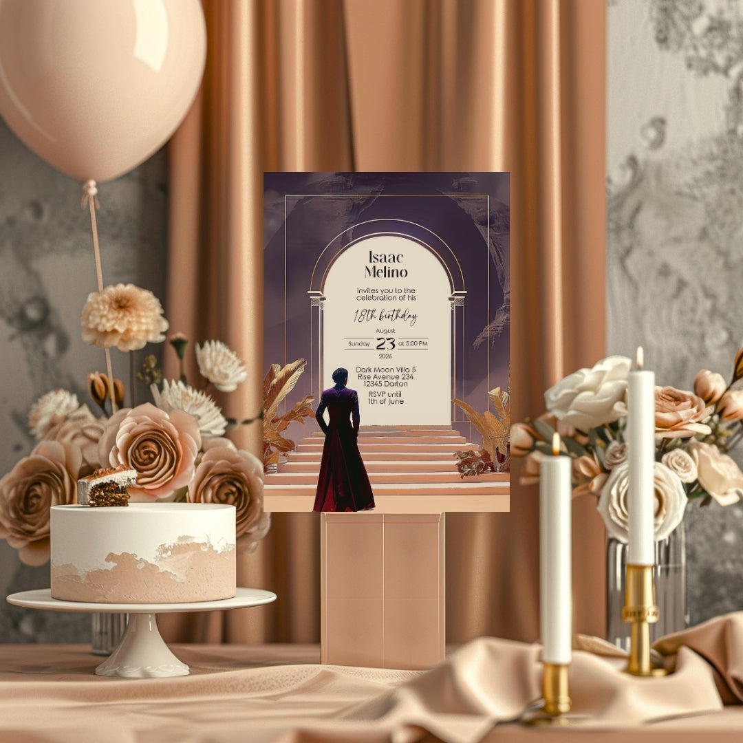 Dark Bohemian Desert Emperor Birthday Invitation - Purple and Red Design with Classical Desert Motifs