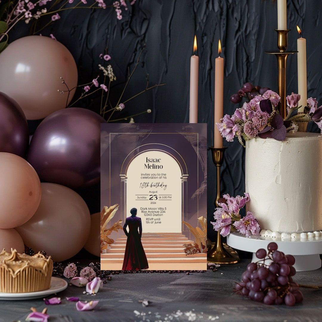 Dark Bohemian Desert Emperor Birthday Invitation - Purple and Red Design with Classical Desert Motifs