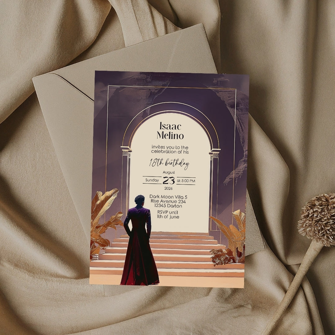 Dark Bohemian Desert Emperor Birthday Invitation - Purple and Red Design with Classical Desert Motifs
