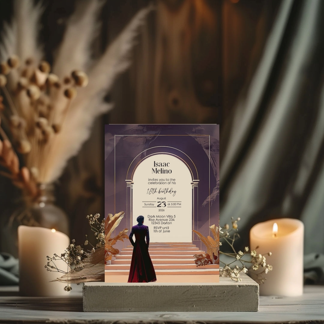 Dark Bohemian Desert Emperor Birthday Invitation - Purple and Red Design with Classical Desert Motifs