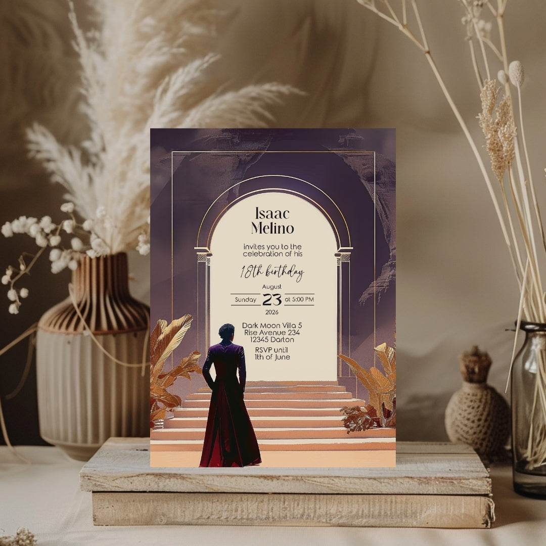 Dark Bohemian Desert Emperor Birthday Invitation - Purple and Red Design with Classical Desert Motifs