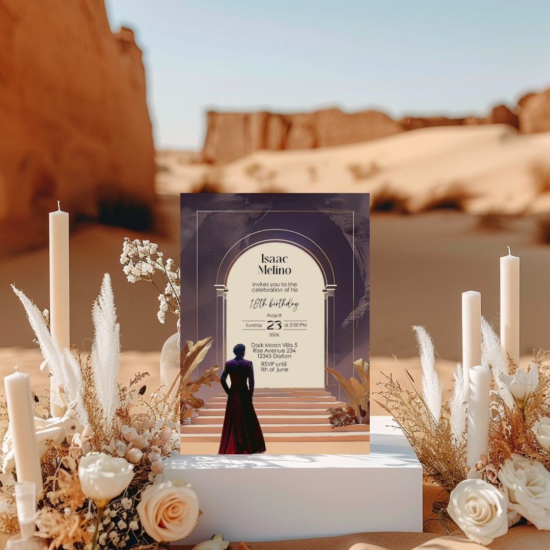 Dark Bohemian Desert Emperor Birthday Invitation - Purple and Red Design with Classical Desert Motifs