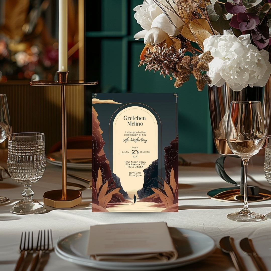 Modern Bohemian Birthday Invitation - Elegant Teal and Earthy Tones Design with Canyon Motifs
