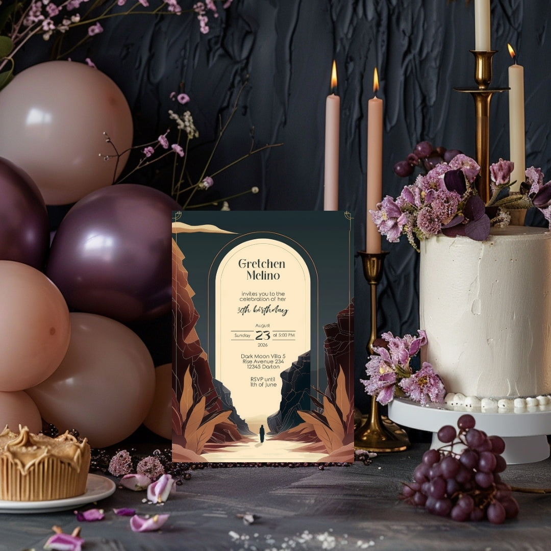 Modern Bohemian Birthday Invitation - Elegant Teal and Earthy Tones Design with Canyon Motifs