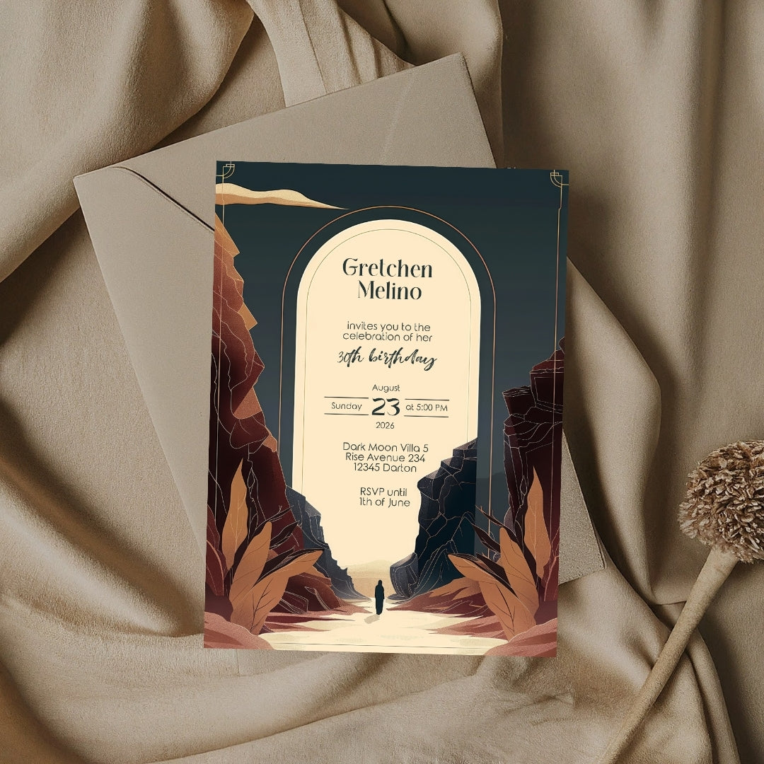 Modern Bohemian Birthday Invitation - Elegant Teal and Earthy Tones Design with Canyon Motifs