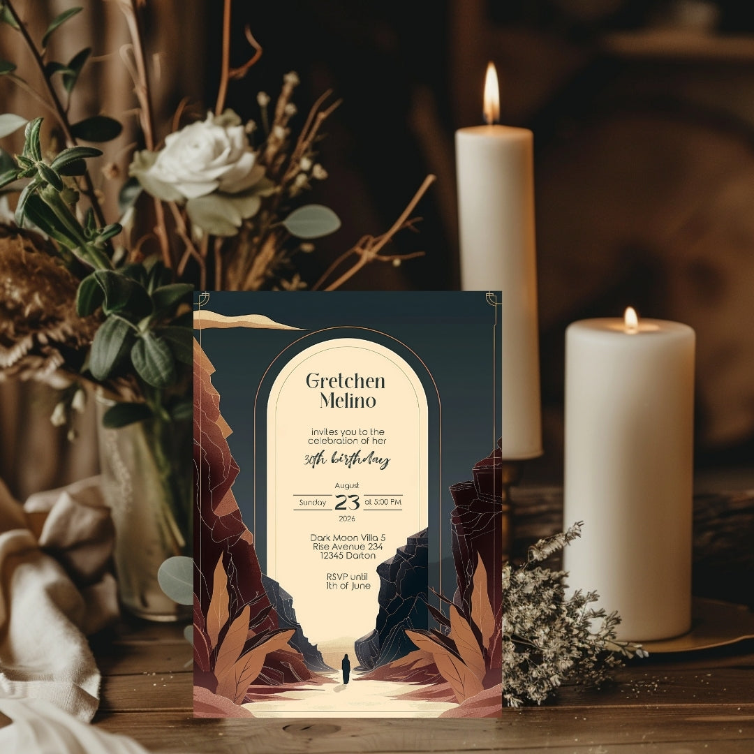Modern Bohemian Birthday Invitation - Elegant Teal and Earthy Tones Design with Canyon Motifs