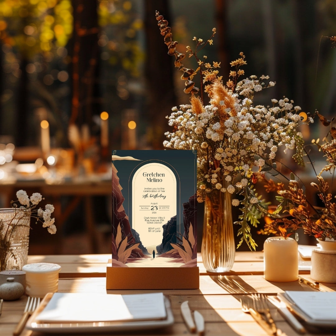 Modern Bohemian Birthday Invitation - Elegant Teal and Earthy Tones Design with Canyon Motifs
