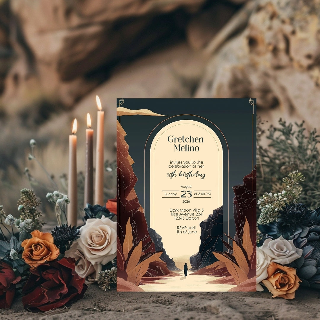 Modern Bohemian Birthday Invitation - Elegant Teal and Earthy Tones Design with Canyon Motifs