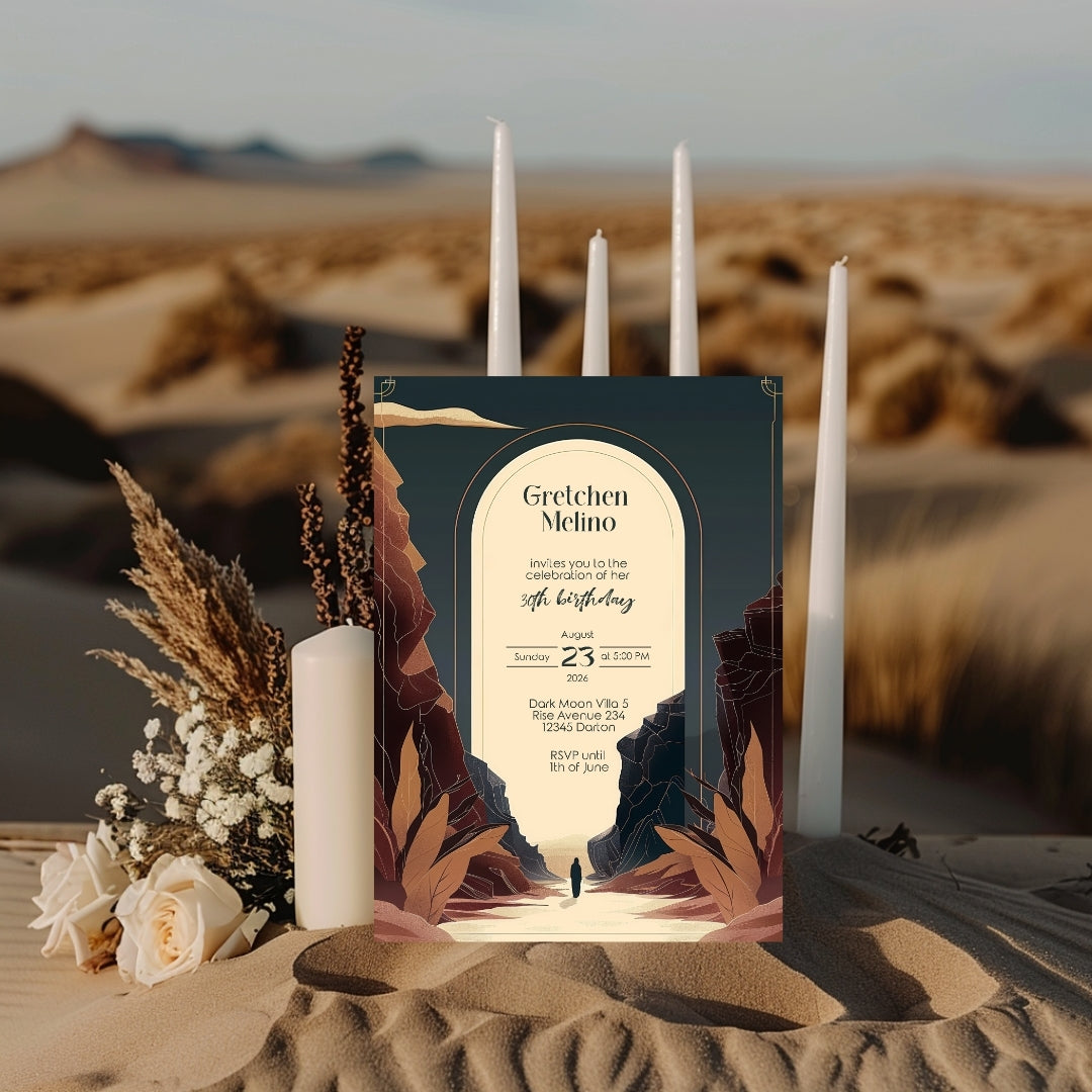 Modern Bohemian Birthday Invitation - Elegant Teal and Earthy Tones Design with Canyon Motifs