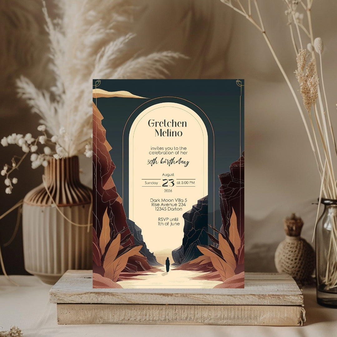 Modern Bohemian Birthday Invitation - Elegant Teal and Earthy Tones Design with Canyon Motifs