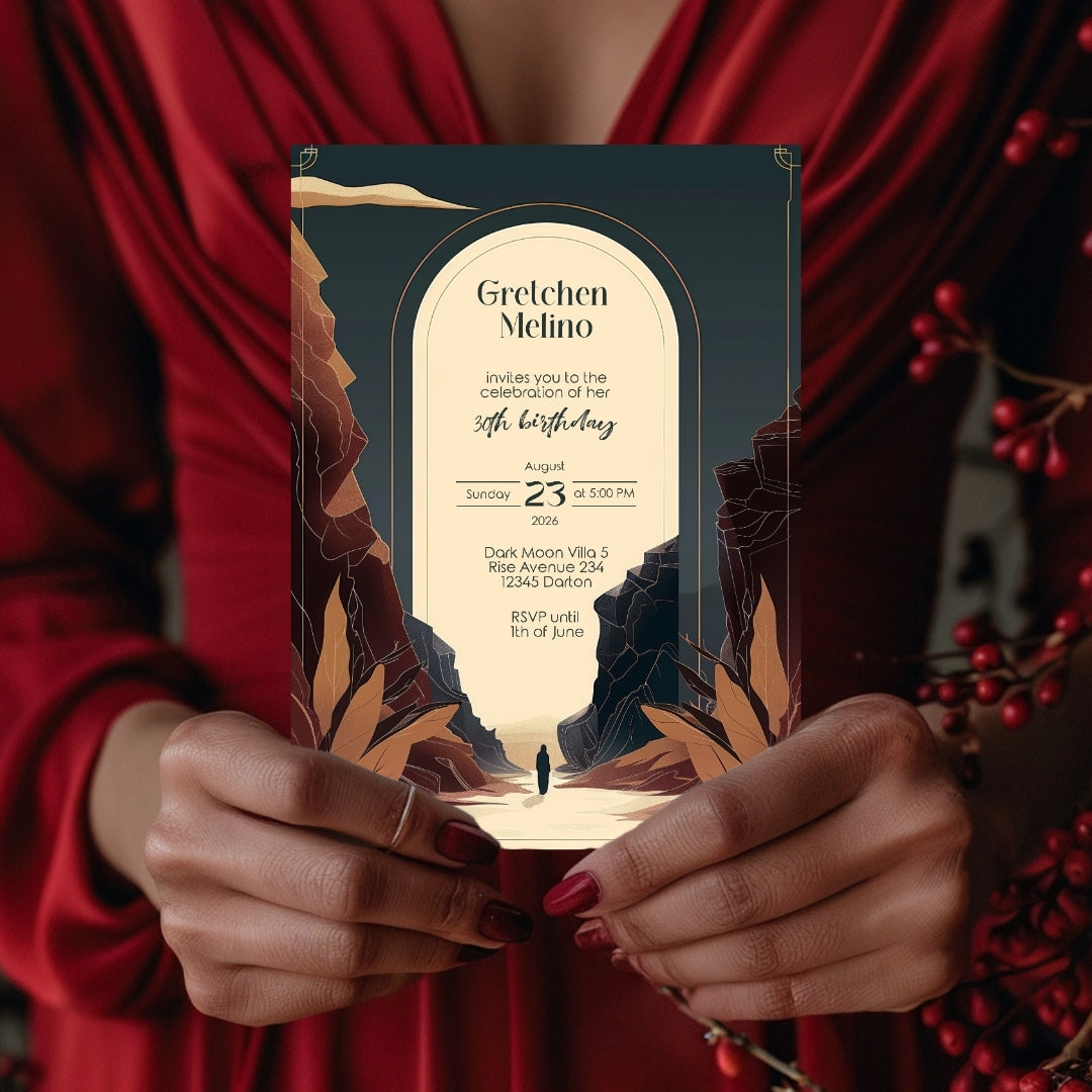 Modern Bohemian Birthday Invitation - Elegant Teal and Earthy Tones Design with Canyon Motifs