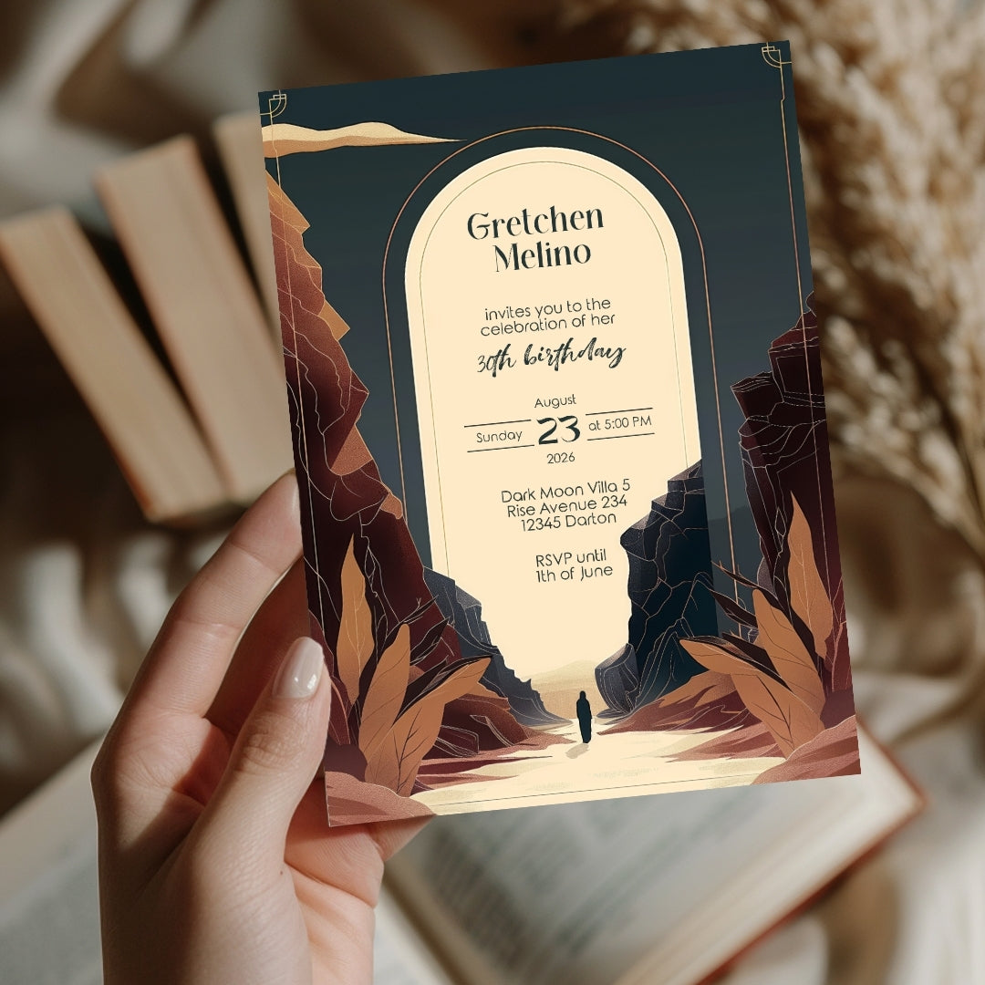 Modern Bohemian Birthday Invitation - Elegant Teal and Earthy Tones Design with Canyon Motifs