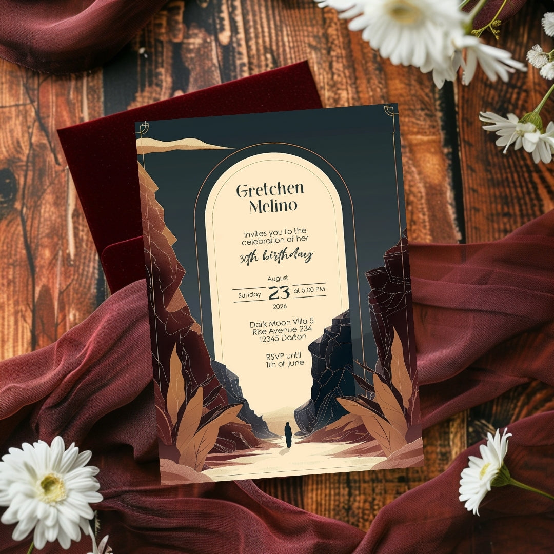 Modern Bohemian Birthday Invitation - Elegant Teal and Earthy Tones Design with Canyon Motifs
