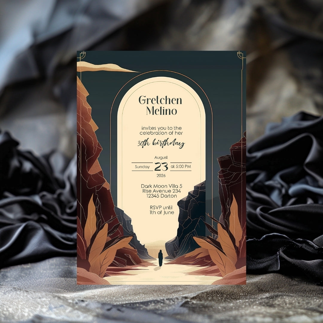 Modern Bohemian Birthday Invitation - Elegant Teal and Earthy Tones Design with Canyon Motifs