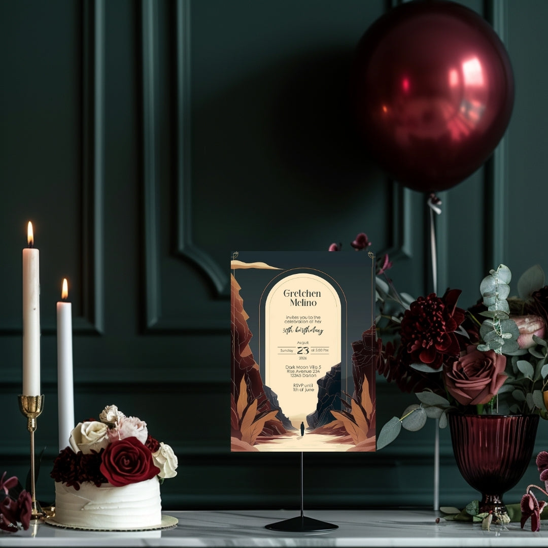 Modern Bohemian Birthday Invitation - Elegant Teal and Earthy Tones Design with Canyon Motifs