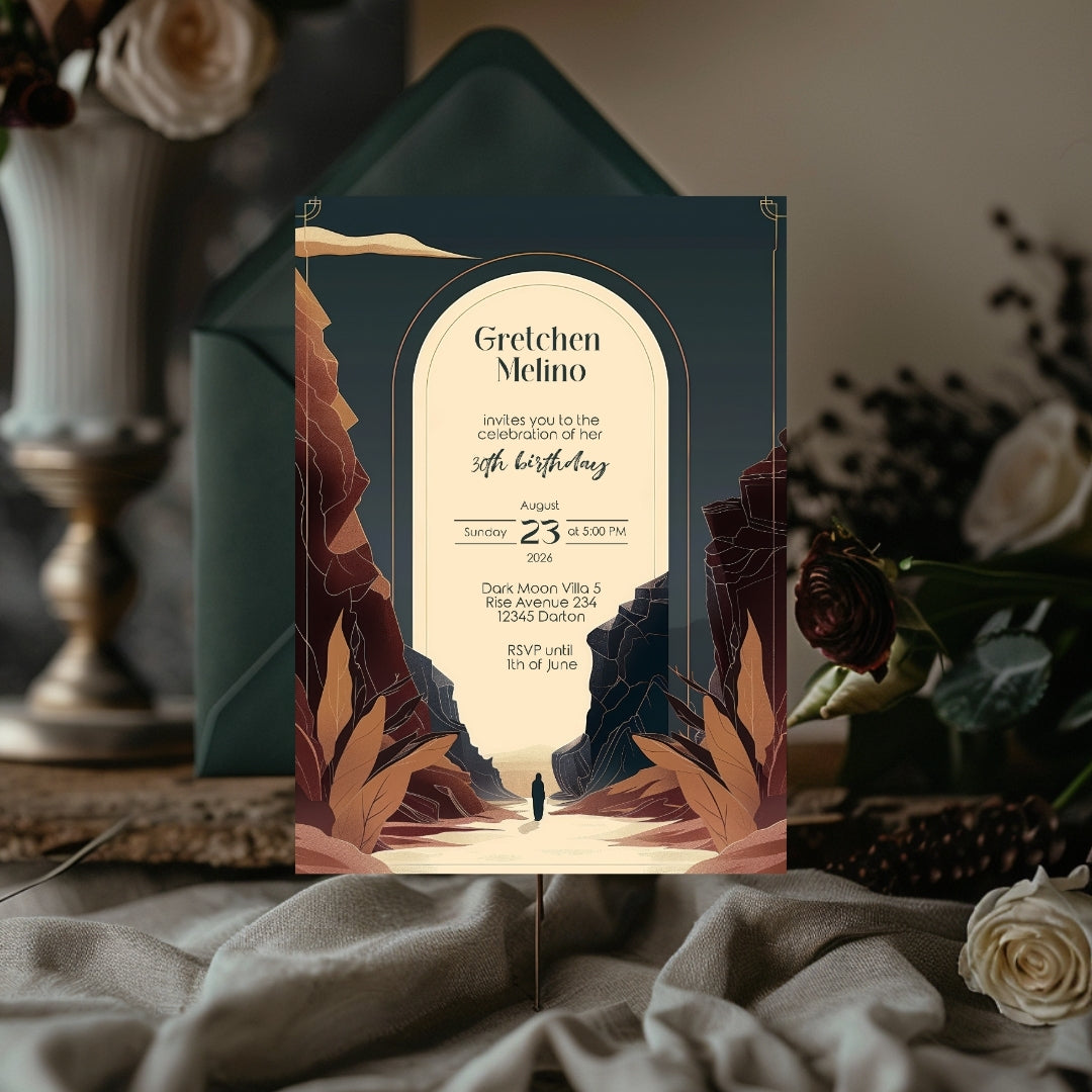 Modern Bohemian Birthday Invitation - Elegant Teal and Earthy Tones Design with Canyon Motifs