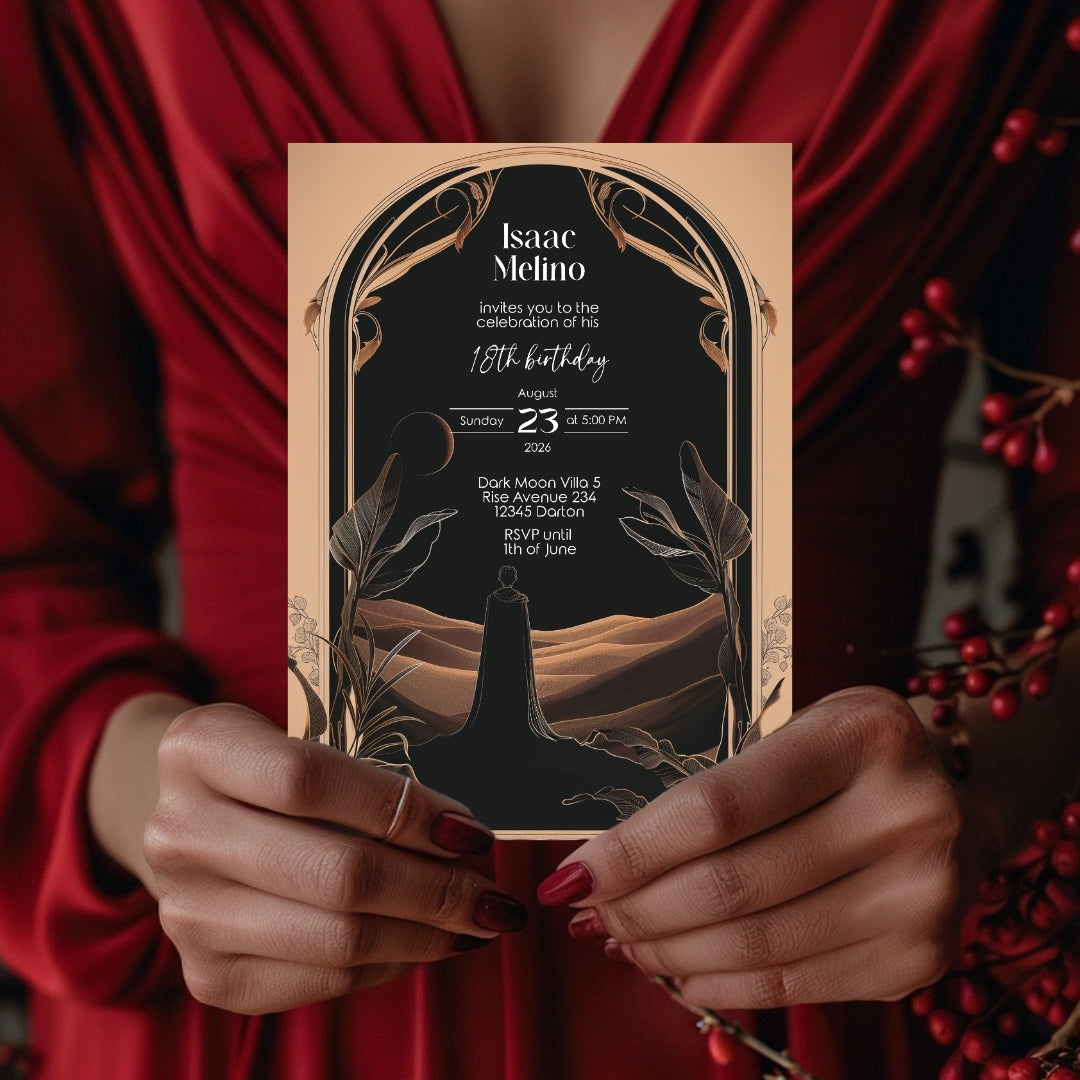Dark Desert Emperor Birthday Invitation - Elegant Black and Gold Design with Art Nouveau Motifs