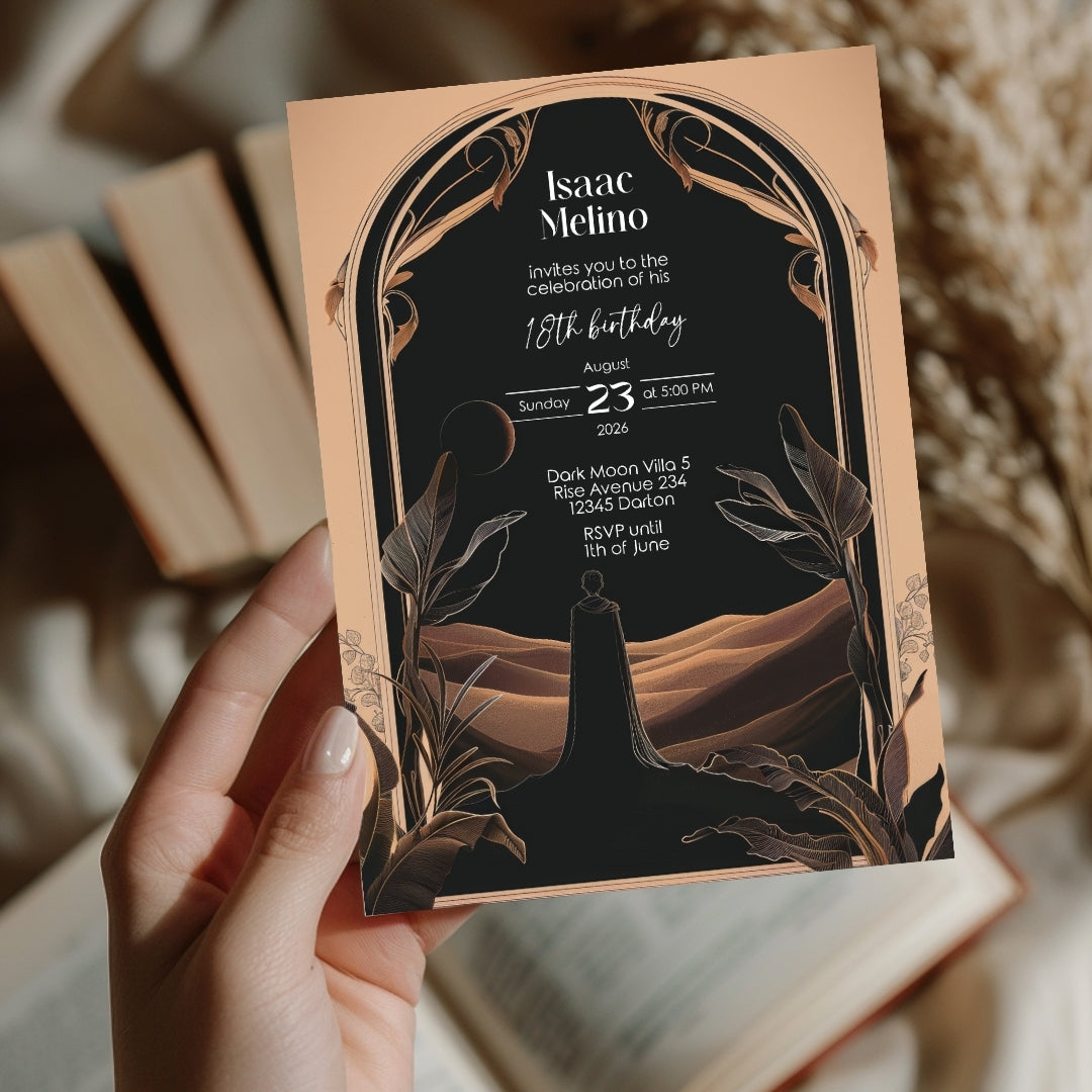 Dark Desert Emperor Birthday Invitation - Elegant Black and Gold Design with Art Nouveau Motifs