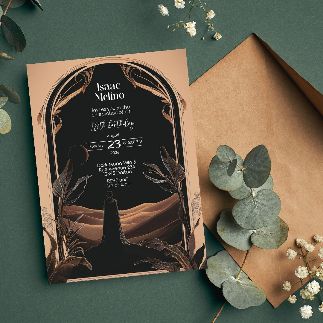Dark Desert Emperor Birthday Invitation - Elegant Black and Gold Design with Art Nouveau Motifs