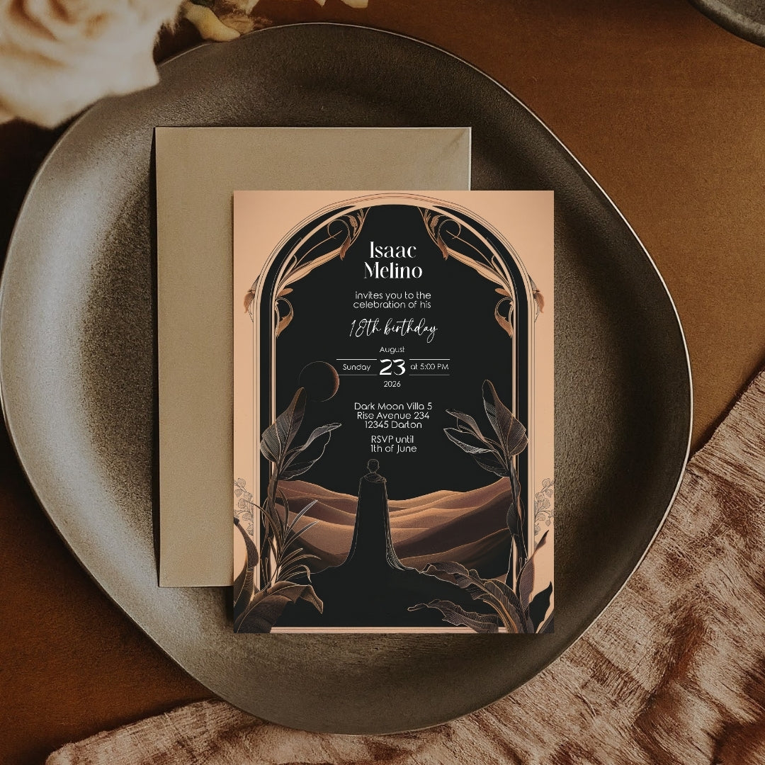 Dark Desert Emperor Birthday Invitation - Elegant Black and Gold Design with Art Nouveau Motifs