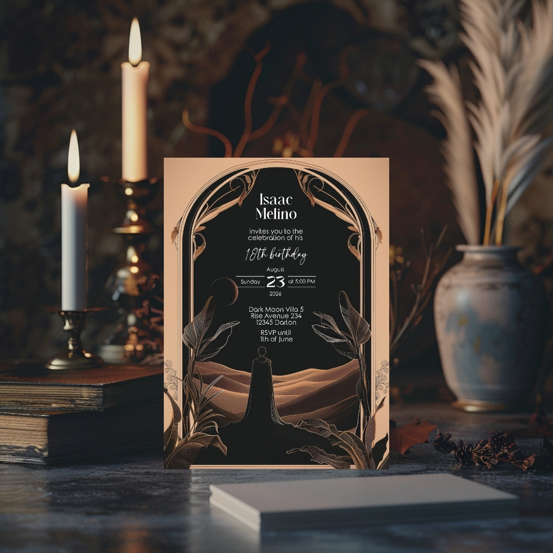 Dark Desert Emperor Birthday Invitation - Elegant Black and Gold Design with Art Nouveau Motifs