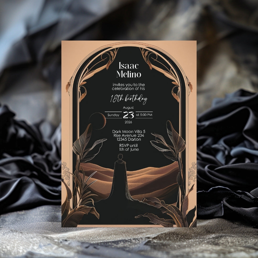 Dark Desert Emperor Birthday Invitation - Elegant Black and Gold Design with Art Nouveau Motifs