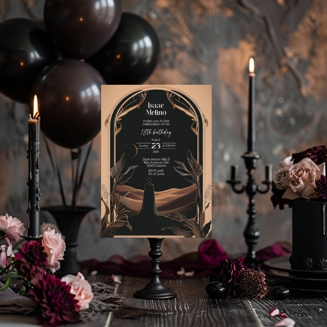 Dark Desert Emperor Birthday Invitation - Elegant Black and Gold Design with Art Nouveau Motifs