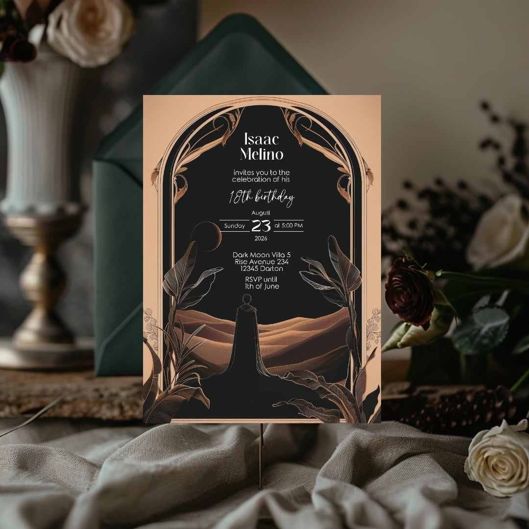 Dark Desert Emperor Birthday Invitation - Elegant Black and Gold Design with Art Nouveau Motifs
