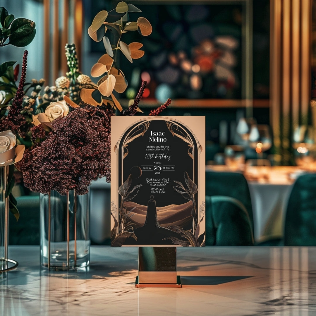 Dark Desert Emperor Birthday Invitation - Elegant Black and Gold Design with Art Nouveau Motifs
