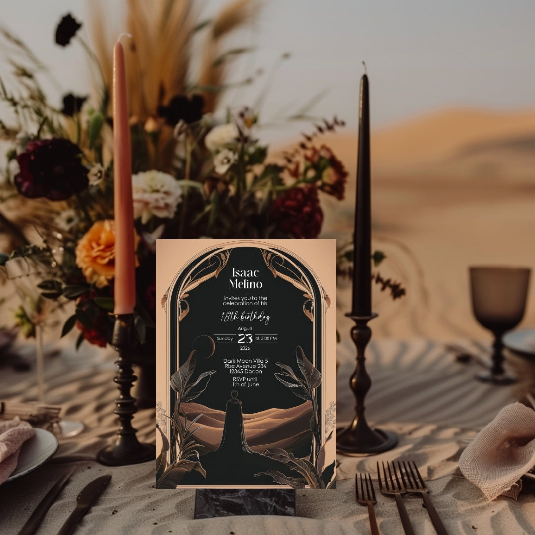 Dark Desert Emperor Birthday Invitation - Elegant Black and Gold Design with Art Nouveau Motifs