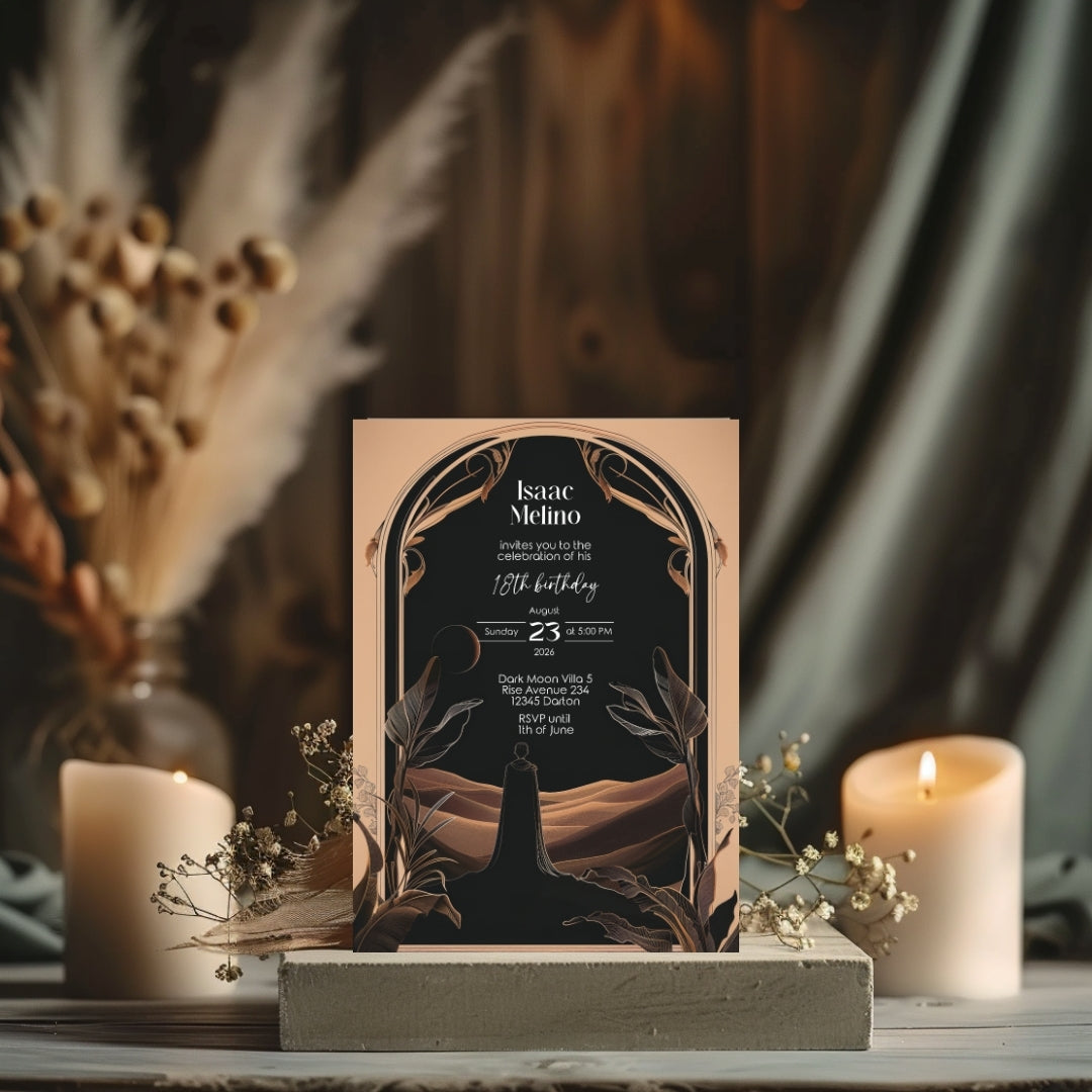 Dark Desert Emperor Birthday Invitation - Elegant Black and Gold Design with Art Nouveau Motifs