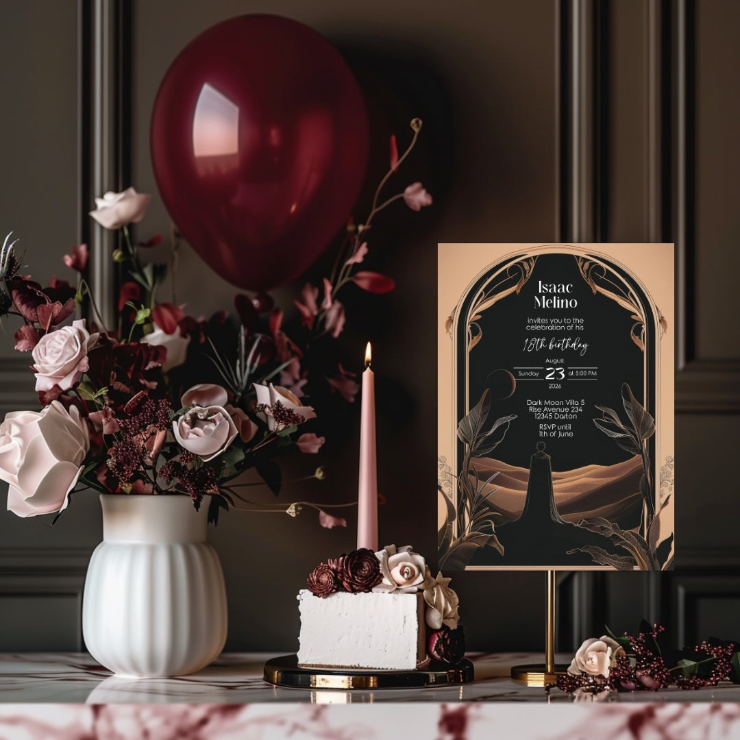 Dark Desert Emperor Birthday Invitation - Elegant Black and Gold Design with Art Nouveau Motifs