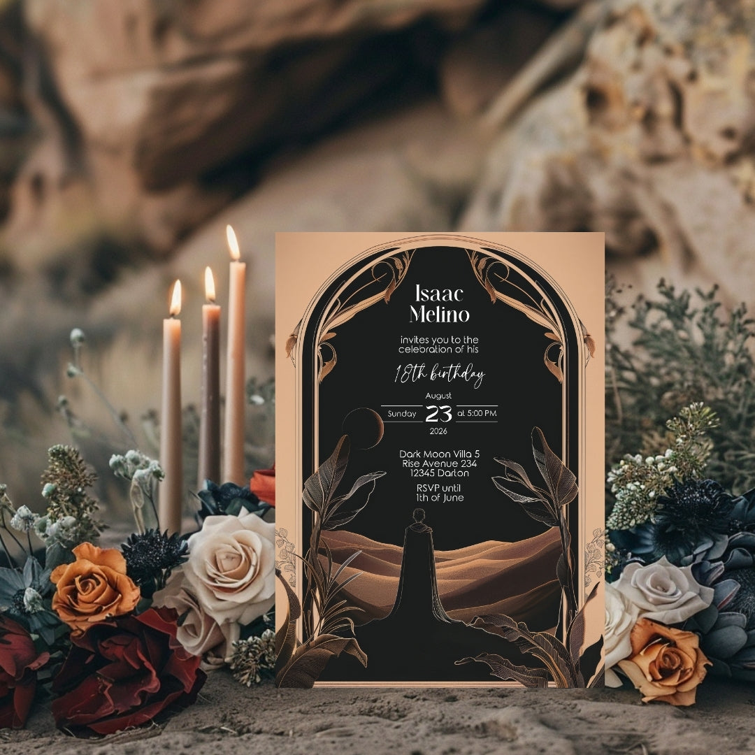 Dark Desert Emperor Birthday Invitation - Elegant Black and Gold Design with Art Nouveau Motifs