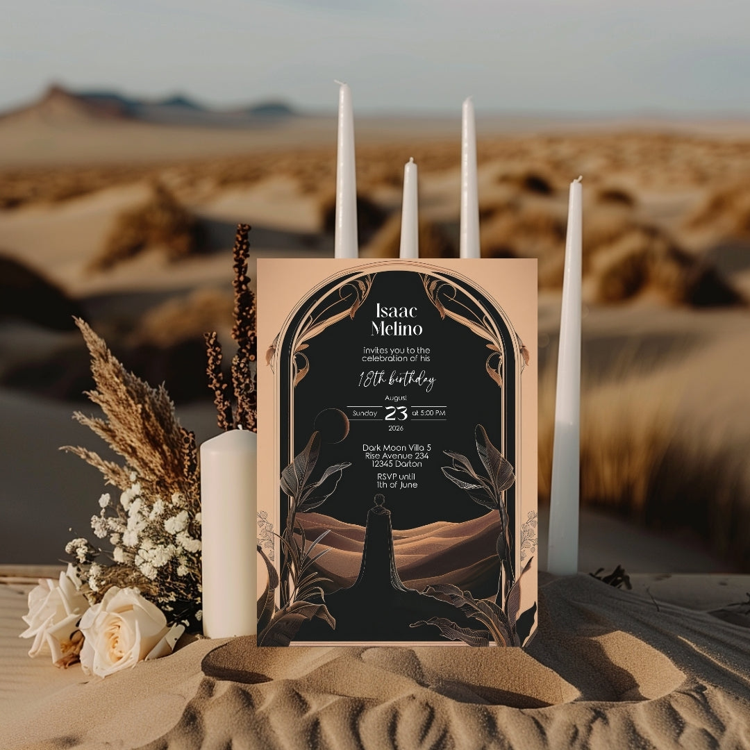 Dark Desert Emperor Birthday Invitation - Elegant Black and Gold Design with Art Nouveau Motifs