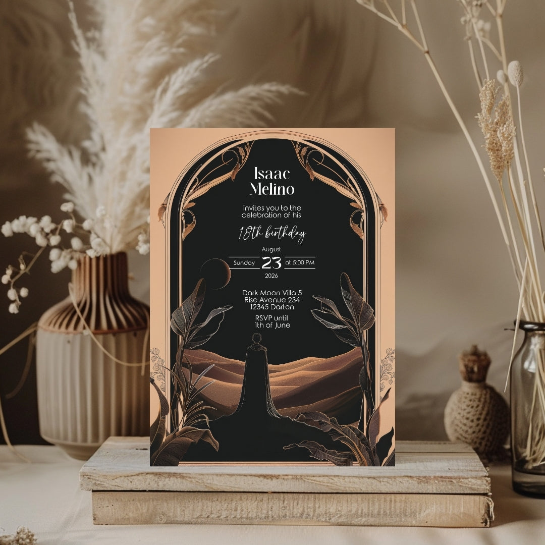 Dark Desert Emperor Birthday Invitation - Elegant Black and Gold Design with Art Nouveau Motifs