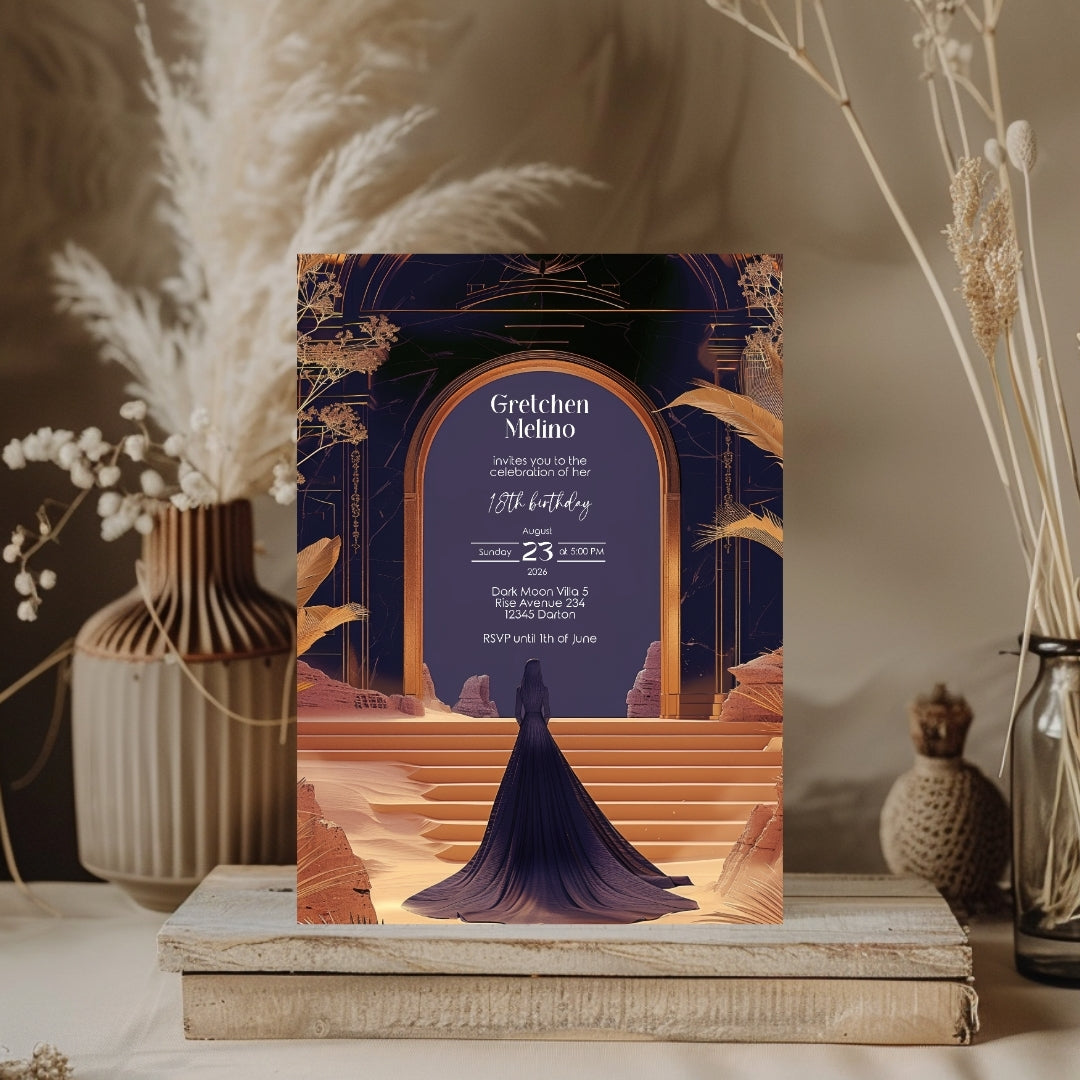 Elegant Oriental Fantasy Birthday Invitation - Purple and Gold Desert Design
