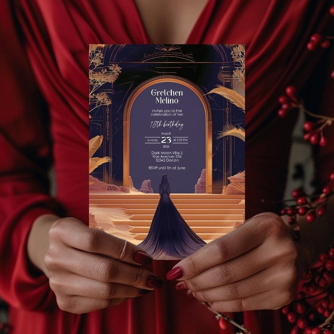 Elegant Oriental Fantasy Birthday Invitation - Purple and Gold Desert Design