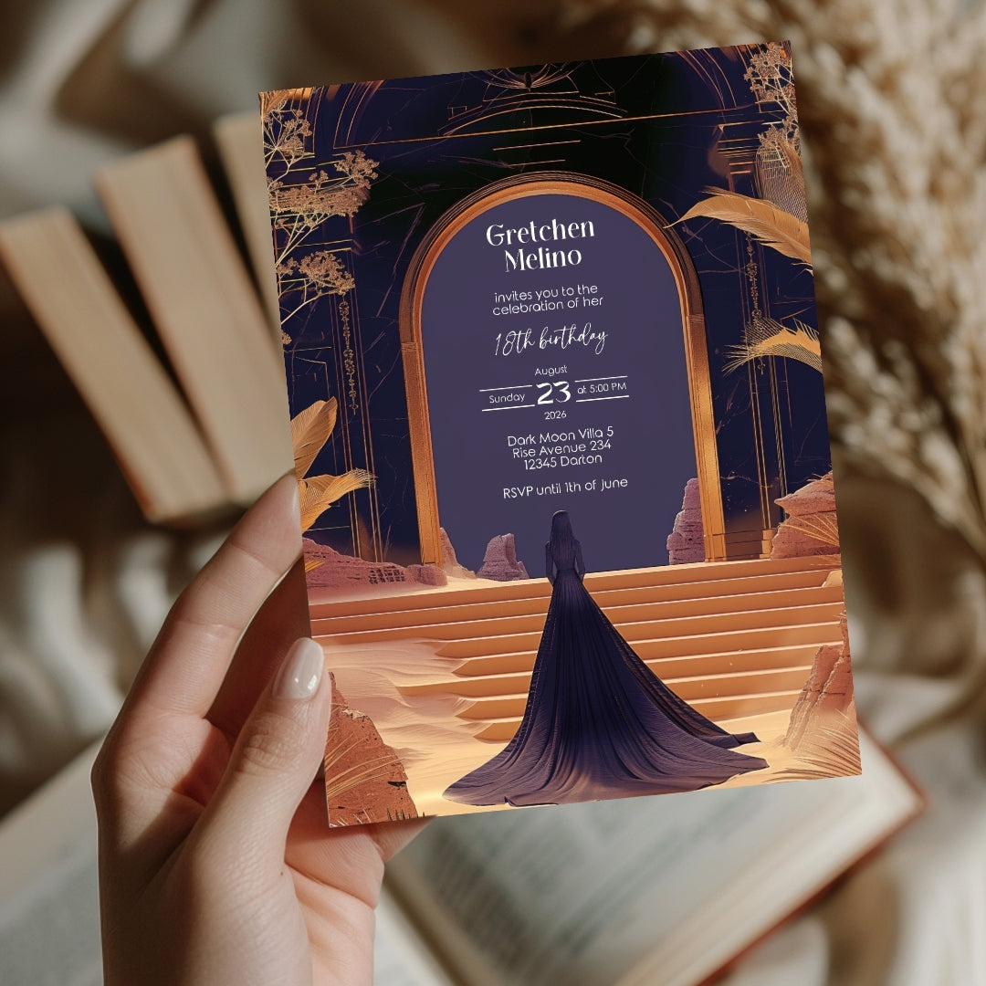 Elegant Oriental Fantasy Birthday Invitation - Purple and Gold Desert Design