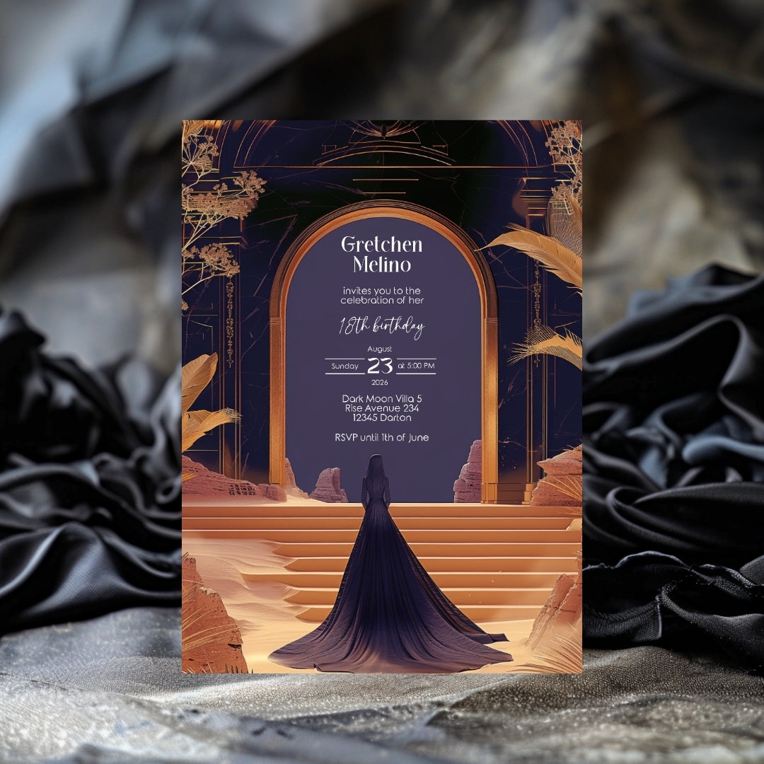 Elegant Oriental Fantasy Birthday Invitation - Purple and Gold Desert Design