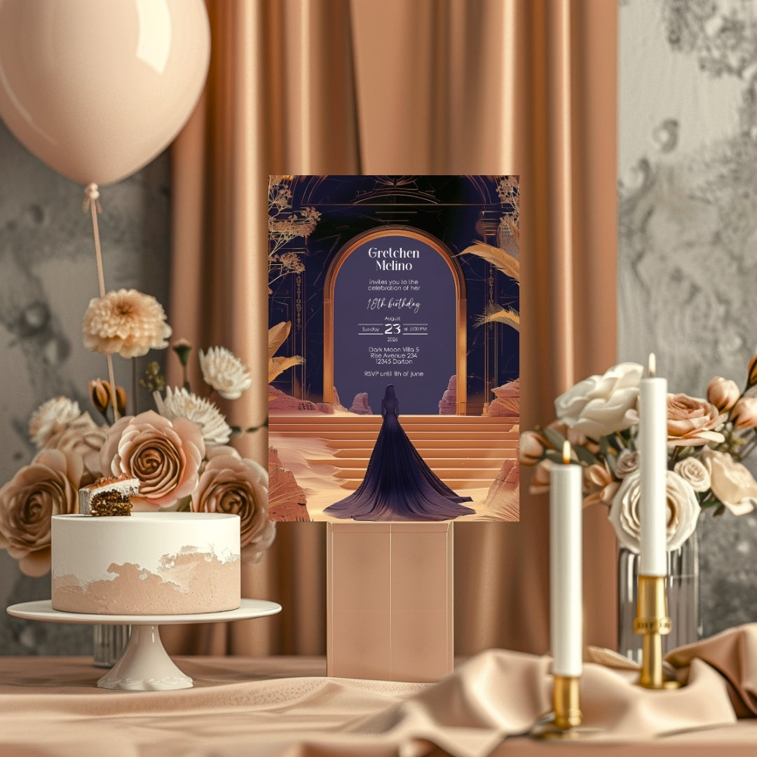 Elegant Oriental Fantasy Birthday Invitation - Purple and Gold Desert Design