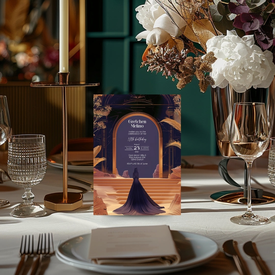 Elegant Oriental Fantasy Birthday Invitation - Purple and Gold Desert Design