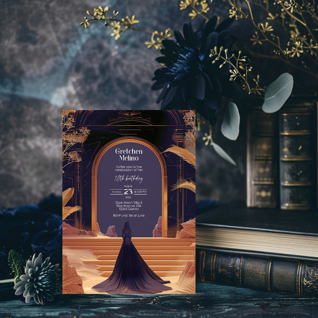 Elegant Oriental Fantasy Birthday Invitation - Purple and Gold Desert Design