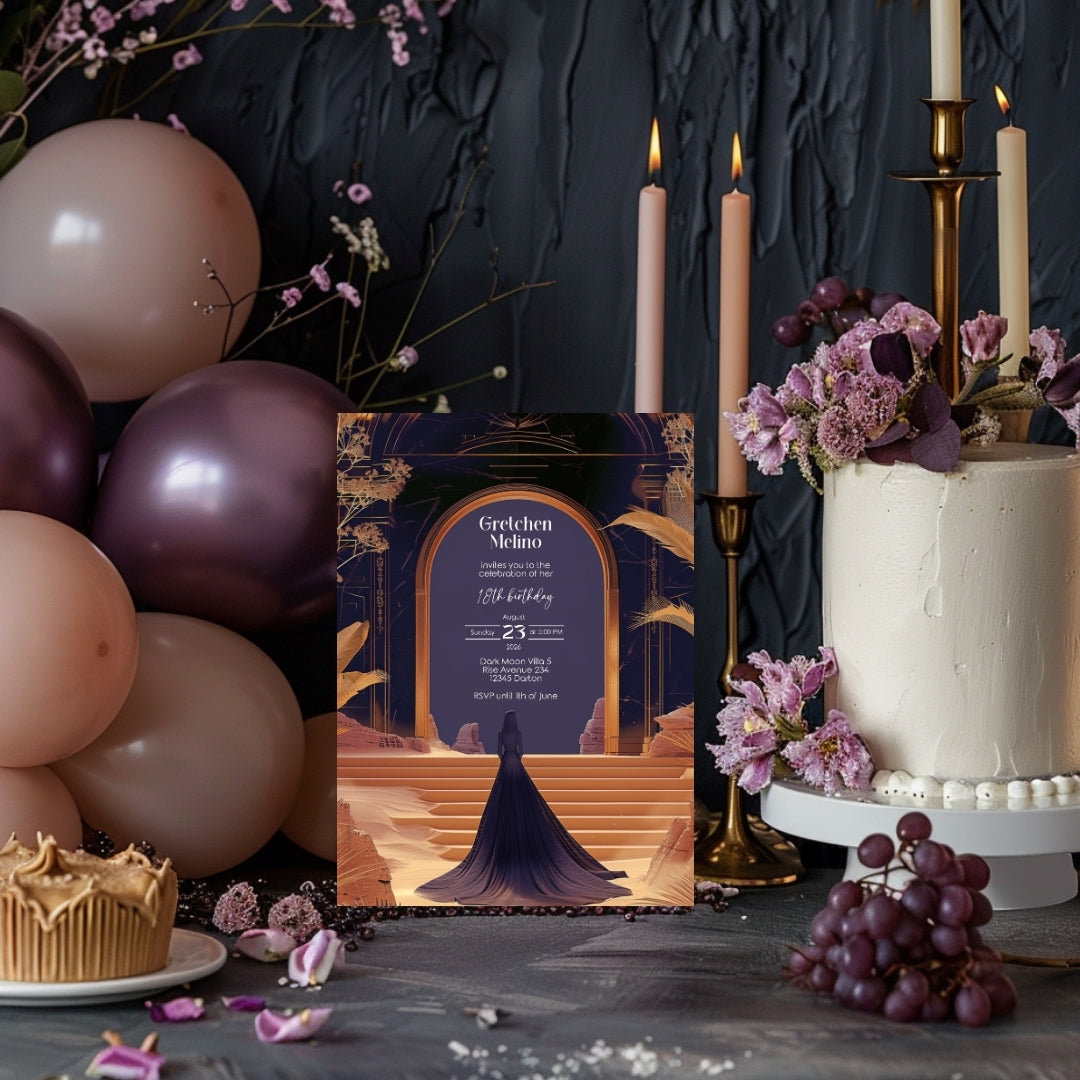 Elegant Oriental Fantasy Birthday Invitation - Purple and Gold Desert Design
