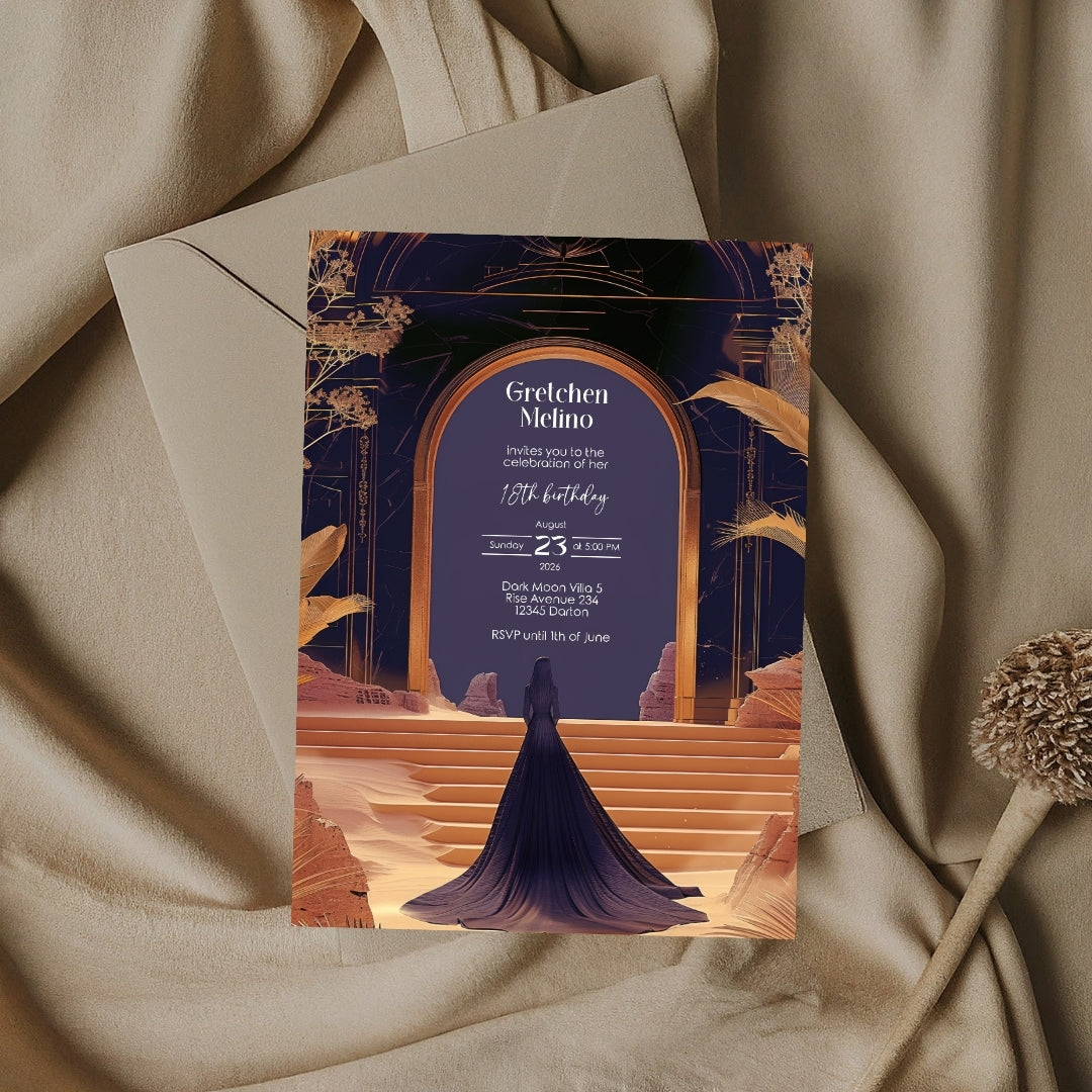Elegant Oriental Fantasy Birthday Invitation - Purple and Gold Desert Design