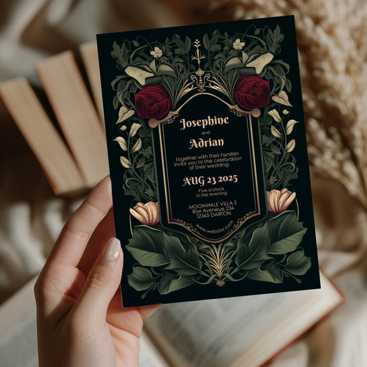 A hand holds a floral-themed invitation with intricate designs of red and white flowers. The names and event details are centered on the invitation, surrounded by greenery.
