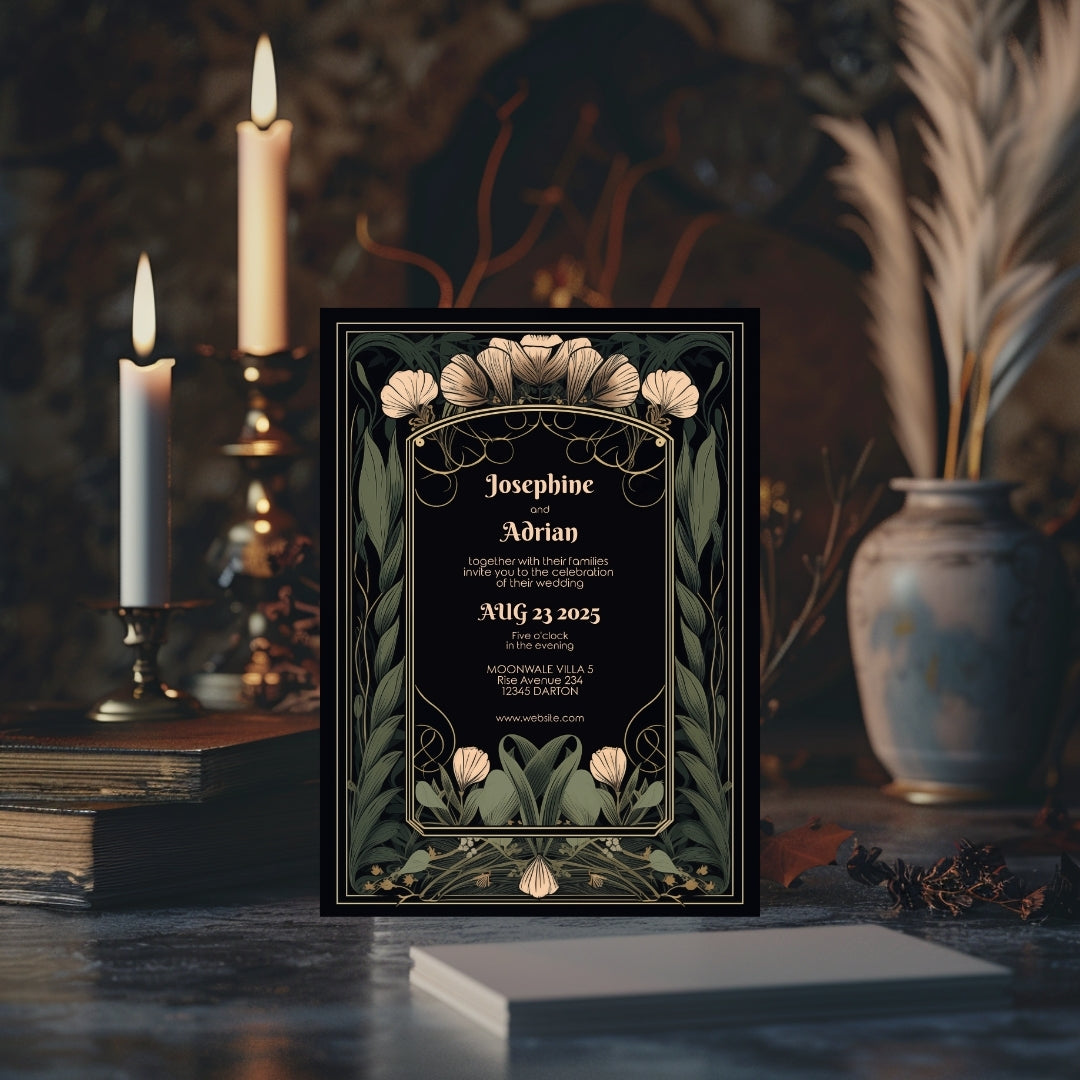 Floral Art Deco Gothic Wedding Invitation