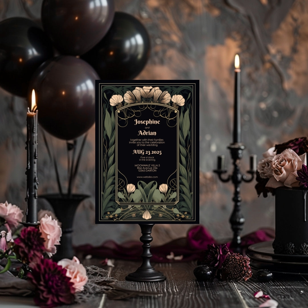 Floral Art Deco Gothic Wedding Invitation