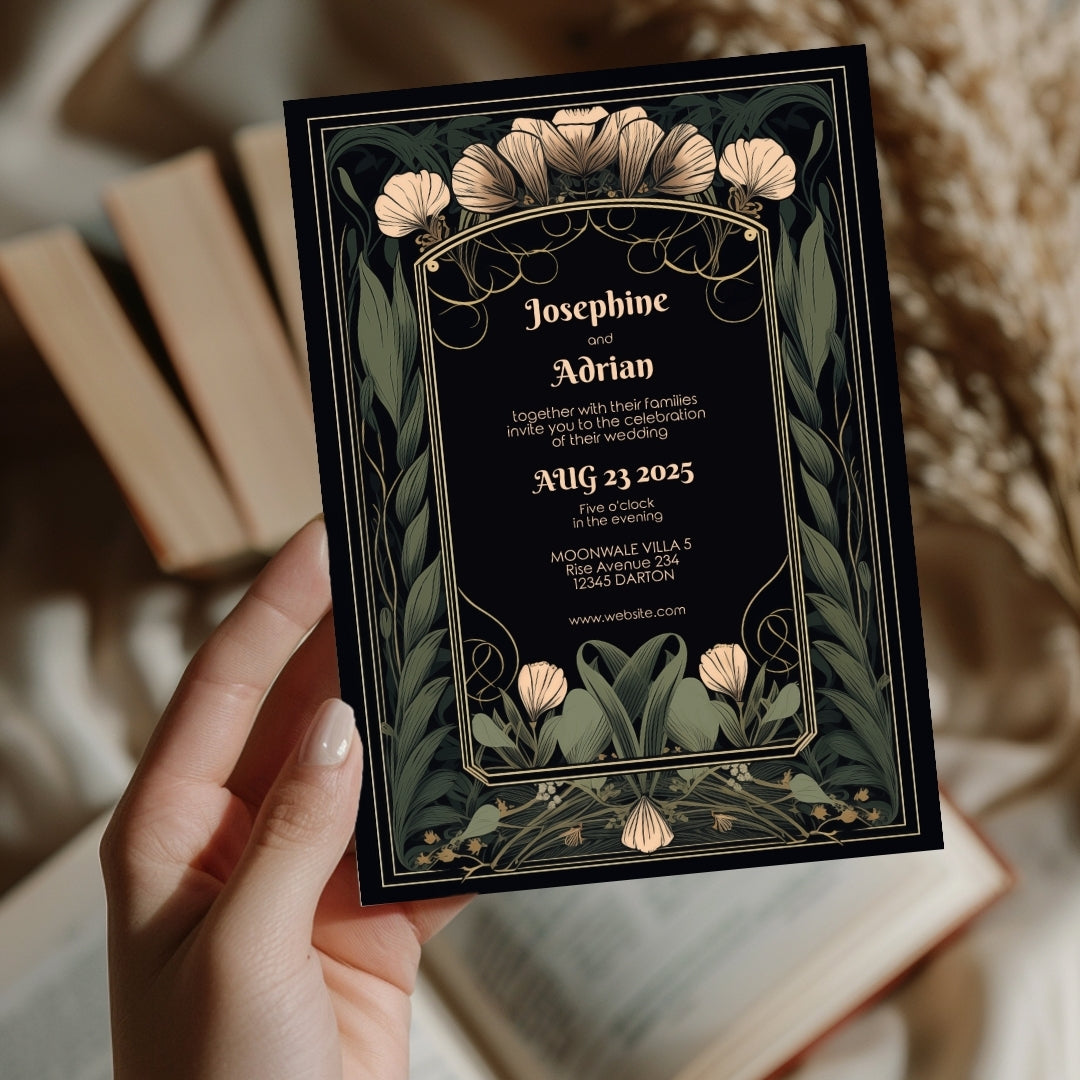 Floral Art Deco Gothic Wedding Invitation